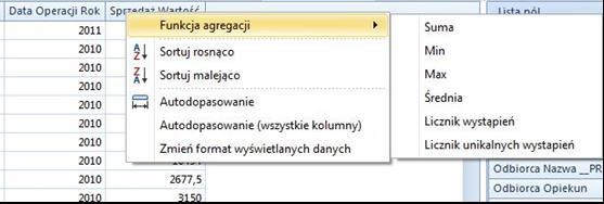 Rysunek 115 Funkcje agregacji kolumn tabeli Elementy wymiarów przeniesionych na raport można sortować poprzez