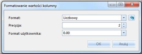 W przypadku wartości wyświetlanych w kolumnach Raportu Tabela istnieje możliwość zmiany formatu w