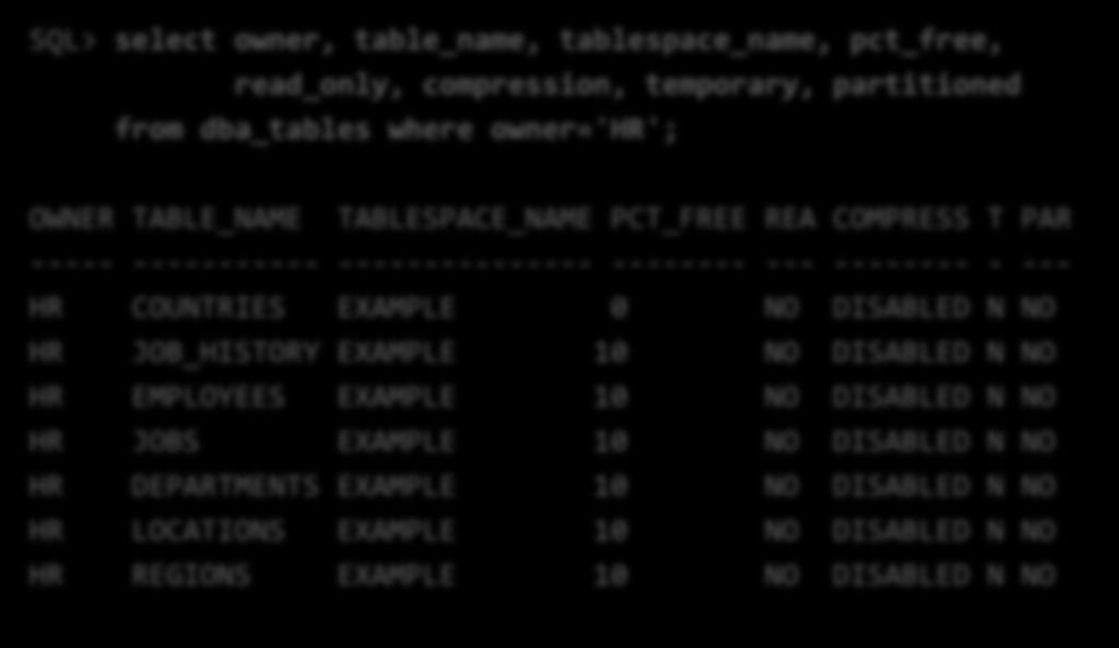 JAKIE TABELE ZNAJDUJĄ SIĘ W BAZIE DANYCH perspektywa DBA_TABLES SQL> select owner, table_name, tablespace_name, pct_free, read_only, compression, temporary, partitioned from dba_tables where