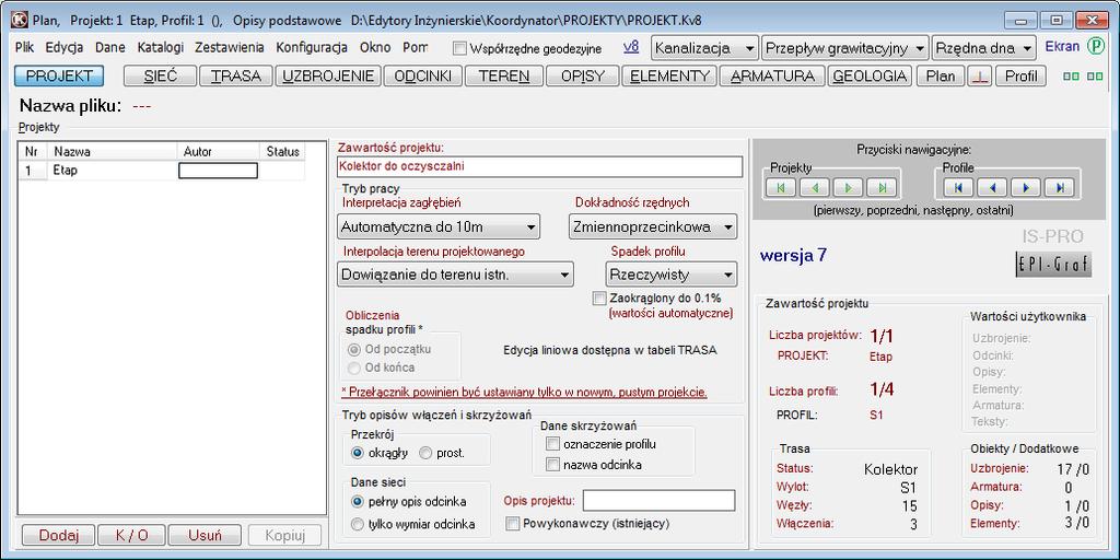 INTERFEJS PROGRAMU (wersja startowa) wersja interfejsu koordynator 8 w pustym projekcie przy włączonej opcji dostosowany do etapu projektu Po