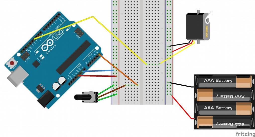 6. Zabawa z serwomechanizmem. Zostawiamy nasz mostek H. Na pozostałej powierzchni płytki tworzymy następujące połączenia pomiędzy Arduino serwomechanizmem a potencjometrem. (Rys.11).