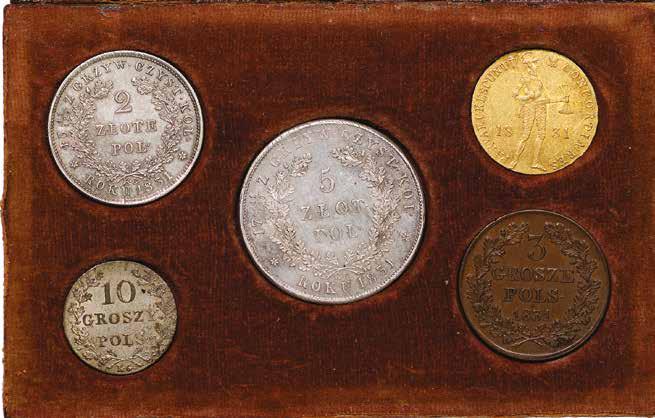 Brak banknptu, we wnętrzu pudełka w zagłębieniach monety: Dukat 1831 - st. 2+/1- (delikatne ryski) 5 złotych 1831 - st.