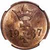 Moneta ogradowana przez PCGS z notą MS65 i wariantem kolorystycznym RD. 242 Zestaw 5 sztuk 1 grosz 1939 Zestaw zawiera 5 sztuki monet 1 grosz 1939 o nocie MS63.