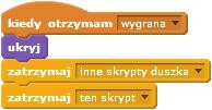 koszyk, zielone, czerwone Ostatnią czynnością będzie napisanie skryptów dla duszków informujących gracza o wygranej lub przegranej. Po naciśnięciu zielonej flagi oba duszki powinny się ukryć.