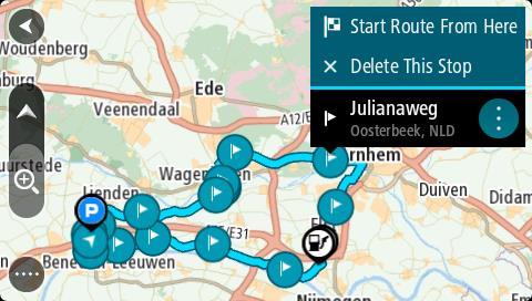Podróż do miejsca postoju na zapisanej trasie Z aktualnej pozycji można nawigować do postoju na zapisanej trasie zamiast do początku zapisanej trasy. Postój stanie się wtedy początkiem trasy.