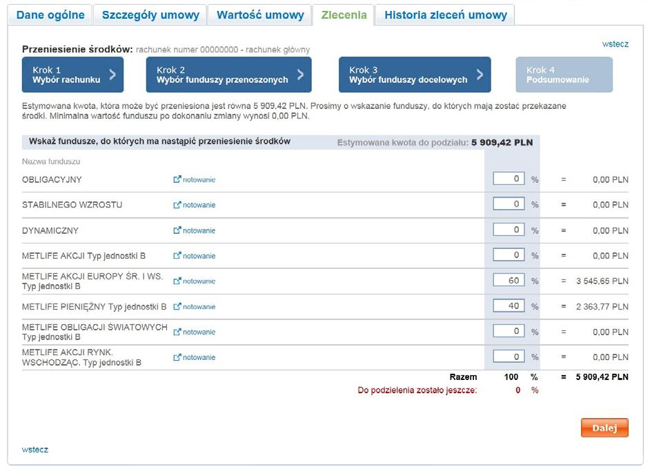 Krok 1 Wybór rachunku Po wybraniu opcji Przenieś środki z zakładki Zlecenia portal wyświetli ekran, na którym prezentowana jest aktualna lista rachunków z