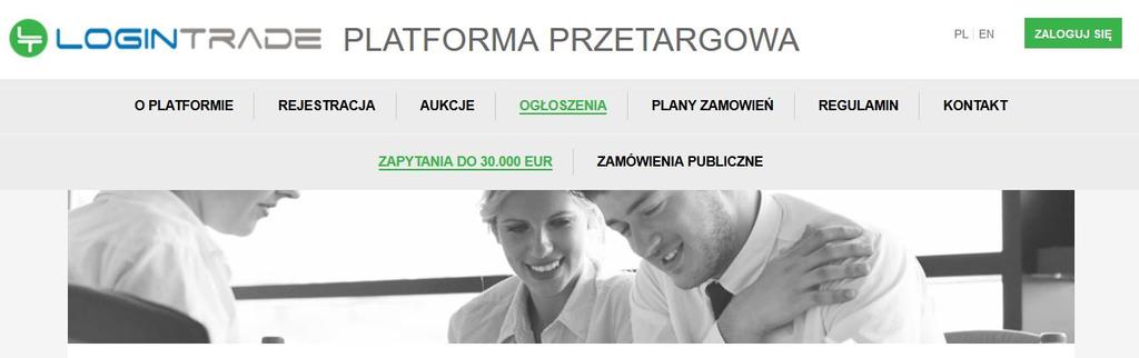 W przeglądarce internetowej wyświetli się poniższy widok (fragment górnej części widoku) 3) Należy kliknąć w zakładkę Ogłoszenia, w wyniku czego zostanie rozwinięta następująca belka: 4) W dalszej