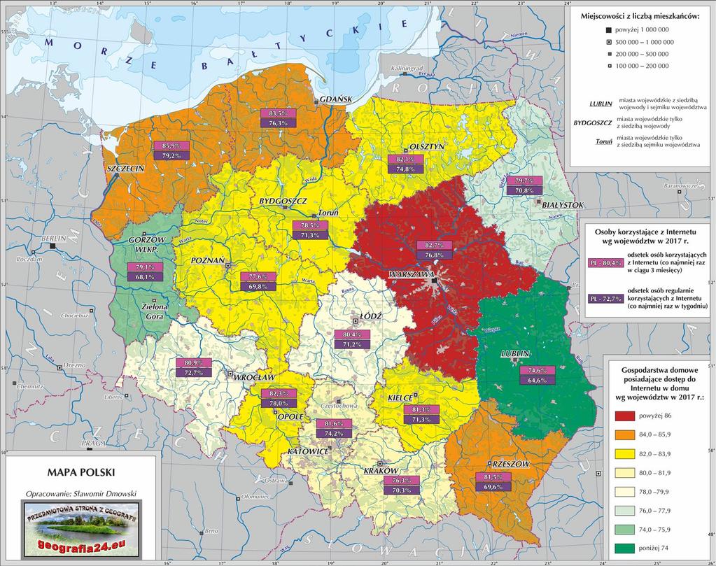 Najlepszy dostęp do Internetu w gospodarstwach domowych występuje w województwach: mazowieckim (86,2%), pomorskim (85,5%), podkarpackim (84,8%), zachodniopomorskim (84,4%), opolskim (83,6%),