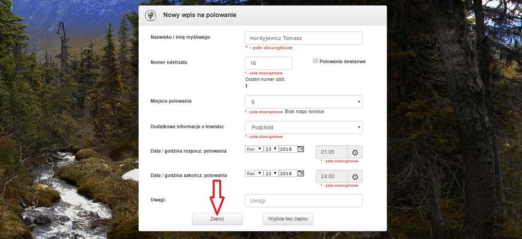b) Wpis z wykorzystaniem mapy możemy wykonać klikając na ikonę mapy ze