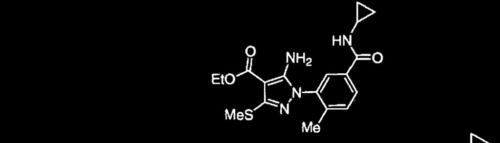 79 5 [0221] Do roztworu estru etylowego kwasu 2-cyjano-3,3-bis-metylosulfanyloakrylowego (78,0 mg, 0,359 mmol) w etanolu (3 ml) dodano N-cyklopropylo-3- hydrazyno-4-metylo-benzamid w postaci soli z
