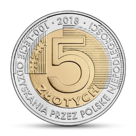 zostały wprowadzone do obiegu monety okolicznościowe o nominale 5 zł z okolicznościowym napisem 100-lecie odzyskania przez Polskę niepodległości.