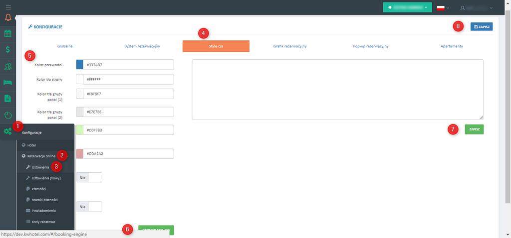 12) W menu Konfiguracje >> Rezerwacje online >> Ustawienia >> zakładka Style css (4) możliwa jest zmiana kolorystyki systemu rezerwacji i