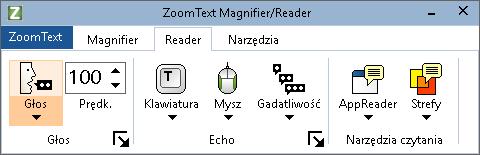 132 Zakładka Mowa paska narzędzi Zakładka Reader paska narzędzi udostępnia łatwo dostępne przyciski do włączania i regulacji funkcji mowy ZoomTexta.