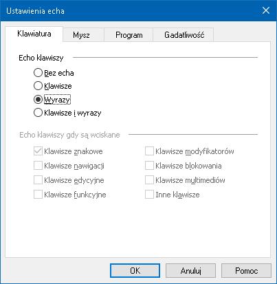 Rozdział 6 Funkcje mowy 149 Zakładka Klawiatura Ustawienie Echo klawiszy Bez echa Klawisze Wyrazy Klawisze i wyrazy Opis Wyłącza echo klawiatury. Aktywuje echo poszczególnych klawiszy.