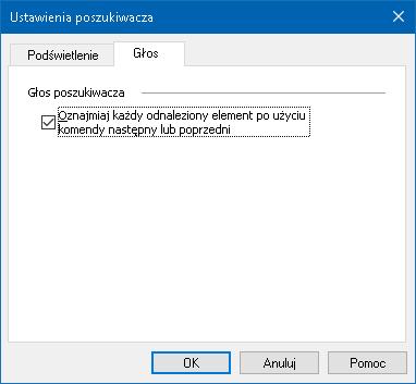 204 Dostosowywanie ustawień głosu poszukiwacza 1. Na zakładce Narzędzia paska narzędzi kliknij strzałkę obok przycisku Poszukiwacz lub nawiguj do przycisku Poszukiwacz i wciśnij strzałkę w dół. 2.