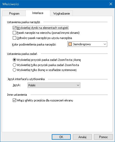 Rozdział 9 Ustawienia preferencji 233 Właściwości interface'u użytkownika Właściwości interface'u użytkownika decydują o tym jak wyświetlany będzie pasek narzędzi ZoomTexta.