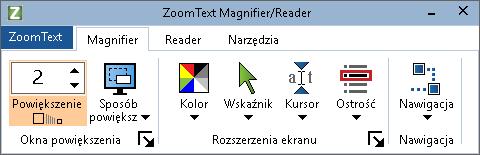 62 Zakładka Magnifier paska narzędzi Zakładka Magnifier paska narzędzi udostępnia łatwo dostępne przyciski do włączania i regulacji funkcji powiększania ZoomTexta.