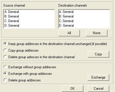 ABB i-bus KNX 3.1.2.2 Okno dialogowe Kopiuj/zamień kanały ("Copy/Exchange channels").