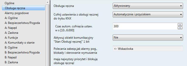 ABB i-bus KNX 3.2.2 Okno parametrów Obsługa ręczna To okno parametrów służy do wprowadzania wszystkich ustawień obsługi ręcznej.