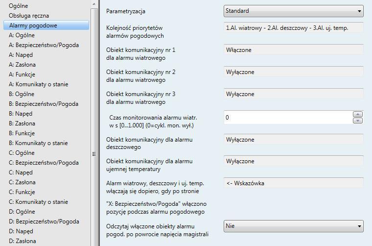 ABB i-bus KNX 3.2.3 Okno parametrów Alarmy pogodowe W tym oknie parametrów wprowadza się ustawienia nadrzędne dotyczące alarmów pogodowych.