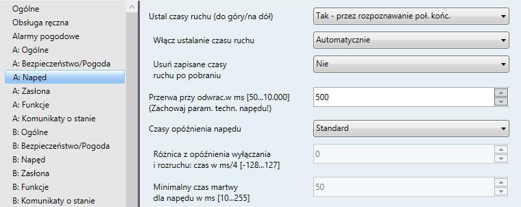 ABB i-bus KNX 3.2.5.2 Okno parametrów A: Napęd Ustal czasy ruchu (do góry/na dół) Tak - przez rozpoznawanie poł. końc.