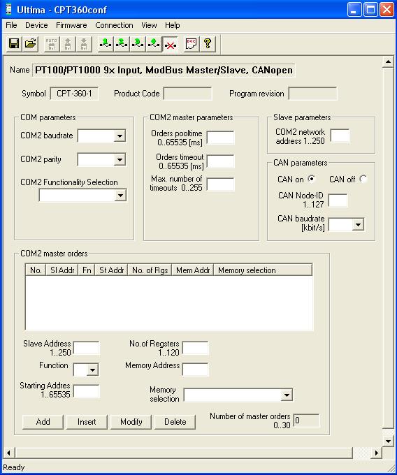 Rys. 4.3.1. Okno konfiguracyjne modułu CPT360 Opis parametrów i przycisków: - COM parameters: Parity kontrola parzystości.