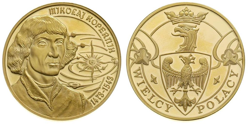 KOPERNIK NA NUMIZMATACH medal Skarbnicy Narodowej *) z 2010 r. Medal z serii Wielcy Polacy (mosiądz 24 g, platerowany złotem Au999, śr.