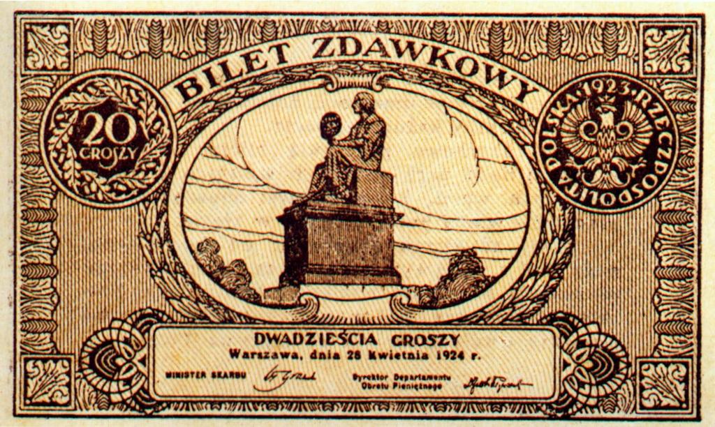 PIENIĄDZE I POMNIKI KOPERNIKA bilet zdawkowy 20 gr z 1924 r. Wyemitowany w 1924 r.