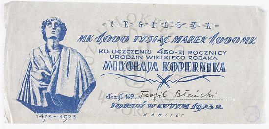 PIENIĄDZE I POMNIKI KOPERNIKA cegiełka o wartości 1000 mkp z 1923 r.