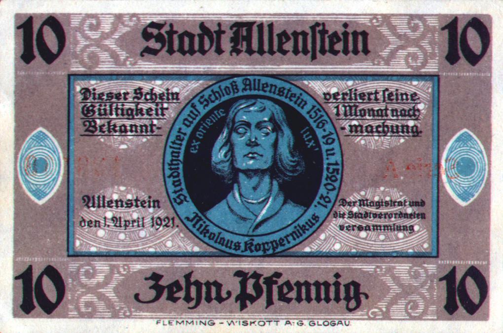 PIENIĄDZE I POMNIKI KOPERNIKA notgeld miasta Allenstein 10