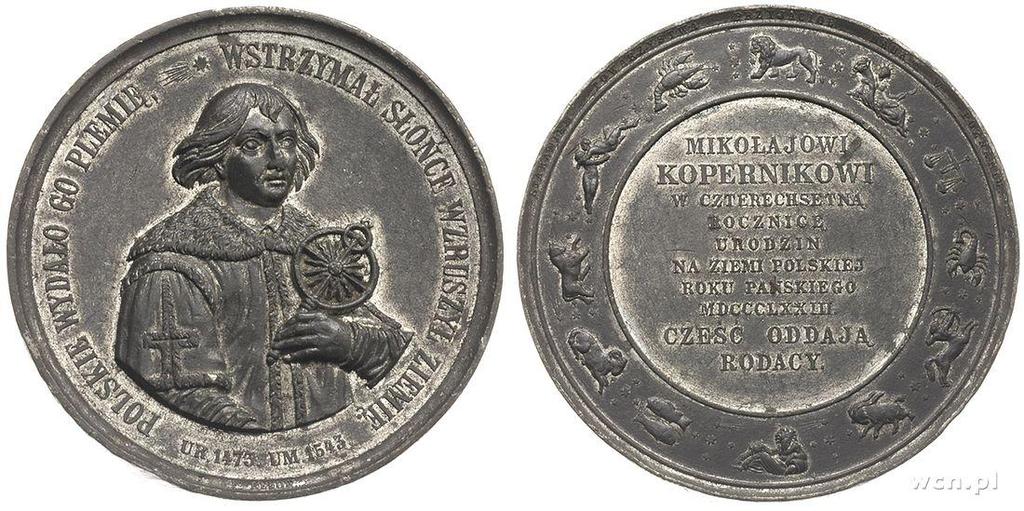KOPERNIK I MEDALE medal Towarzystwa Przyjaciół Nauk w Poznaniu z 1873 r. proj. Wilhelm Below (cynk 64 mm).