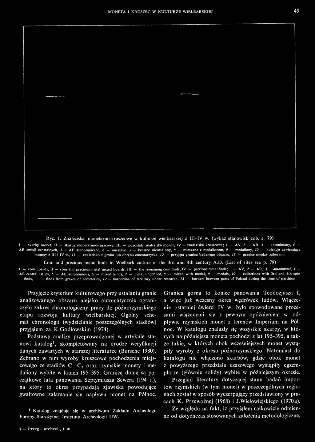 79) I skarby monet, II skarby monetarno-kruszcowe, III pozostałe znaleziska monet, IV znaleziska kruszcowe; 1 AV, 2 AR, 3 antoniniany, 4 AE emisji centralnych, 5 AE autonomiczne, 6 mieszane, 7