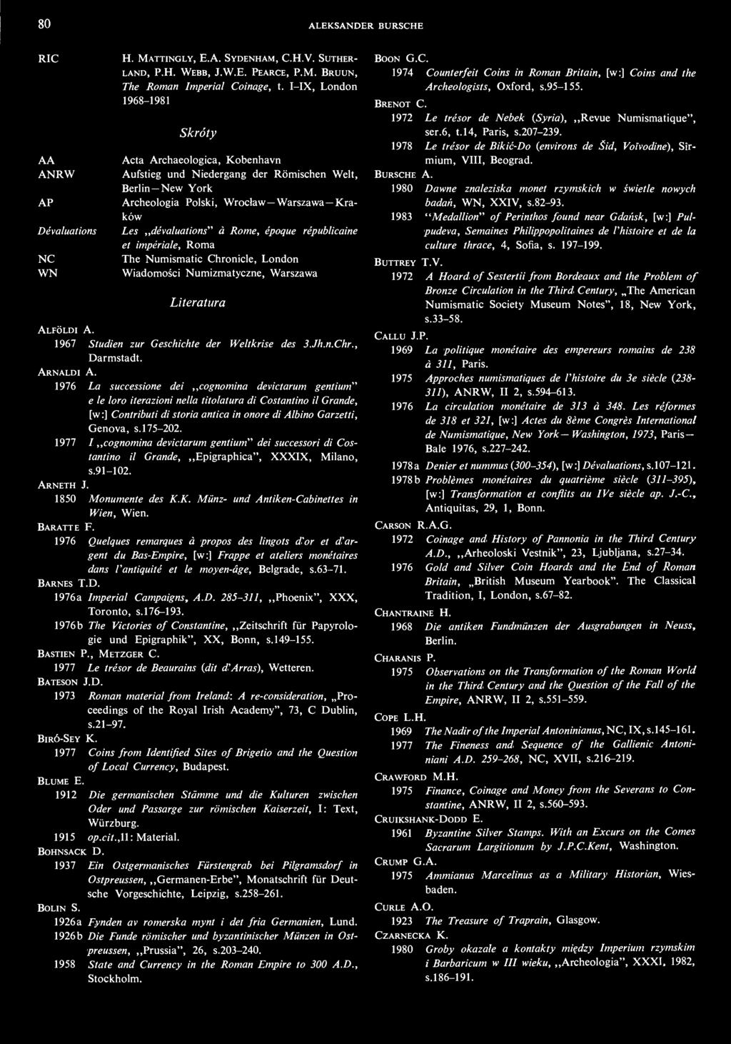 républicaine et impériale, Roma The Numismatic Chronicle, London Wiadomości Numizmatyczne, Warszawa Literatura ALFÖLDI A. 1967 Studien zur Geschichte der Weltkrise des 3.Jh.n.Chr., Darmstadt.