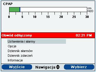 97 Ekran z alarmem w nagłówku menu Gdy w nagłówku menu wyświetlany jest alarm, w momencie wyjścia z menu systemowego za pomocą klawisza programowego Wyjście ekran