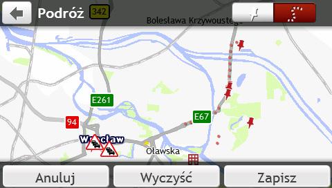 4. Na ekranie PRZECHWYC stuknij przycisk. Pojawi się ekran PODRÓŻY. 5. Stuknij przycisk Zapisz, a następnie Tak. Podróż zostanie zapisana jako Moje miejsca.