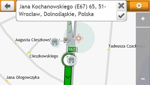 Bieżąca pozycja jest oznaczona przez. Aby wyświetlić Klaster POI, stuknij obszar na mapie Eksploruj. Stuknij ikonę lub nazwę ulicy w oknie Klaster POI, aby wyświetlić informacje i opcje.