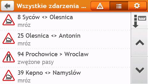 Stuknij, aby przełączyć widok między oknami Ruch drogowy, Wszystkie zdarzenia ruchu drogowego i Opcje dot. ruchu drogowego. Powiększanie/zmniejszanie W celu powiększenia lub zmniejszenia, stuknij i przytrzymaj lub.