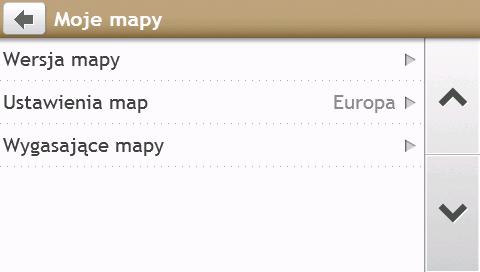 Moje mapy Wykonaj następujące czynności: wyświetlić informacje o mapie wybrać zestaw map do załadowania stuknij opcję Wersja mapy, aby wyświetlić listę wszystkich map z następującymi informacjami: