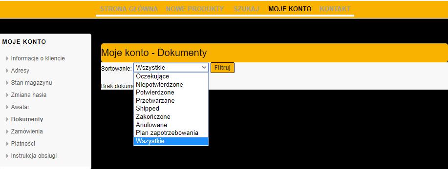 wynik. Tak jak w przypadku dokumentów, możemy wysortować zamówienia.