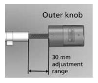 Po dostarczeniu cylinder jest całkowicie zsunięty (najmniejsza możliwa długość cylindra). Zanim włożysz cylinder do drzwi, musisz dostosować pokrętło zewnętrzne do grubości drzwi.