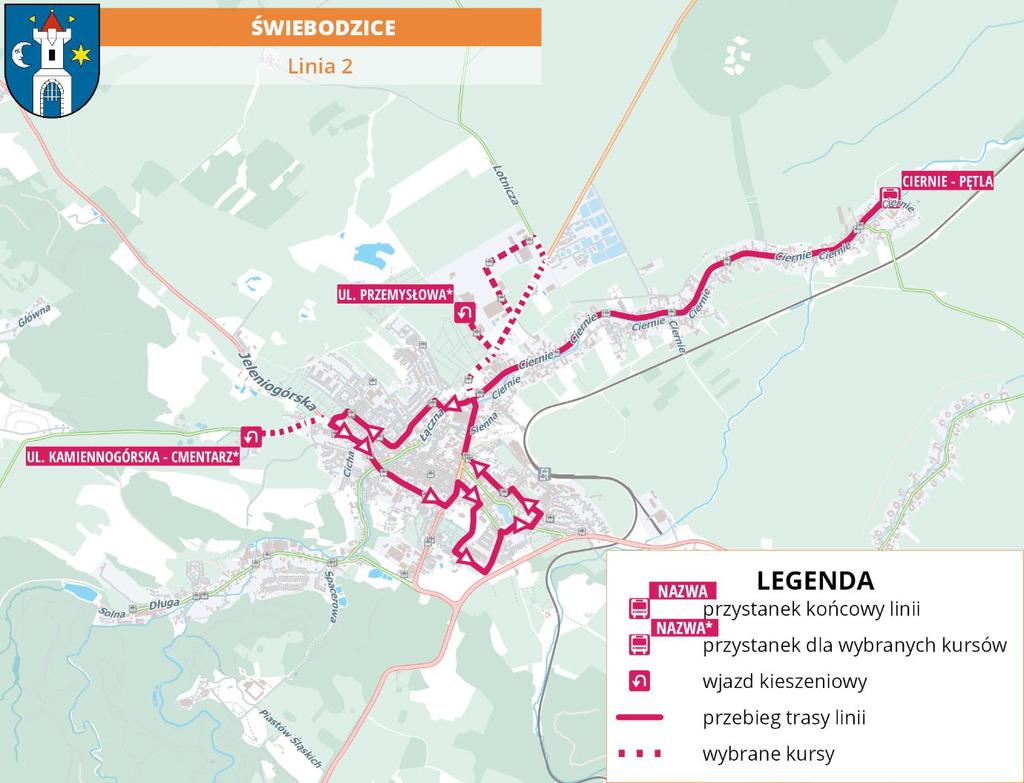 Metalowców, Świdnicką, Spokojną, Zwycięstwa, Al. Lipowe, Strzegomską, Ciernie do pętli w Cierniach. Niektóre kursy linii 2 dodatkowo obsłużą przystanki na terenie strefy ekonomicznej.