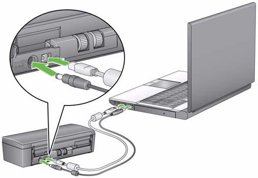 Opcja 3. Podłączenie za pomocą kabla zasilającego USB i kabla USB do przesyłu danych 1. Podłącz wtyczkę kabla zasilającego USB do gniazda zasilania w skanerze. 2.