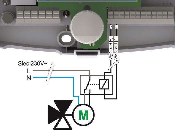 Grzałka i pompa: W przypadku podłączenia grzałki oraz pompy należy zastosować przekaźnik koniecznie typu 6V DC RM85-2021-35-1006 podłączony jak pokazano na Rys. 16-11.