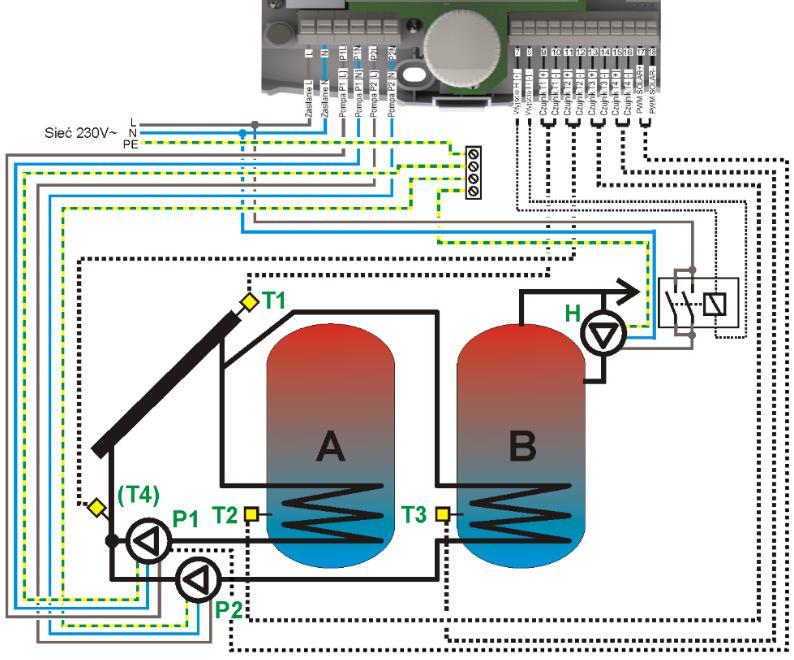 17.5. Aplikacja schemat solarny E Ładowanie dwóch zasobników CWU (A i B) z priorytetem ładowania zasobnika A. Rys. 17-5 Schemat aplikacyjny E Wskazówki dotyczące instalacji 1.