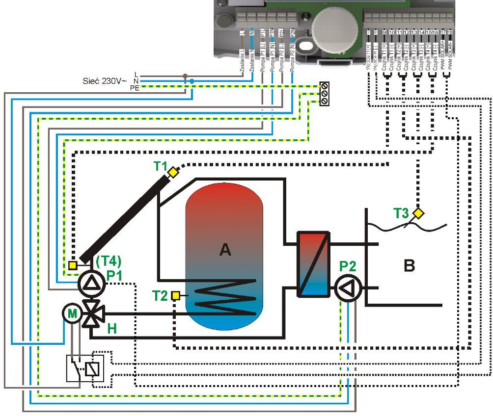 17.6. Aplikacja schemat solarny F Ogrzewanie zasobnika CWU oraz basenu z funkcją priorytetu. Rys. 17-6 Schemat aplikacyjny F Wskazówki dotyczące instalacji 1.