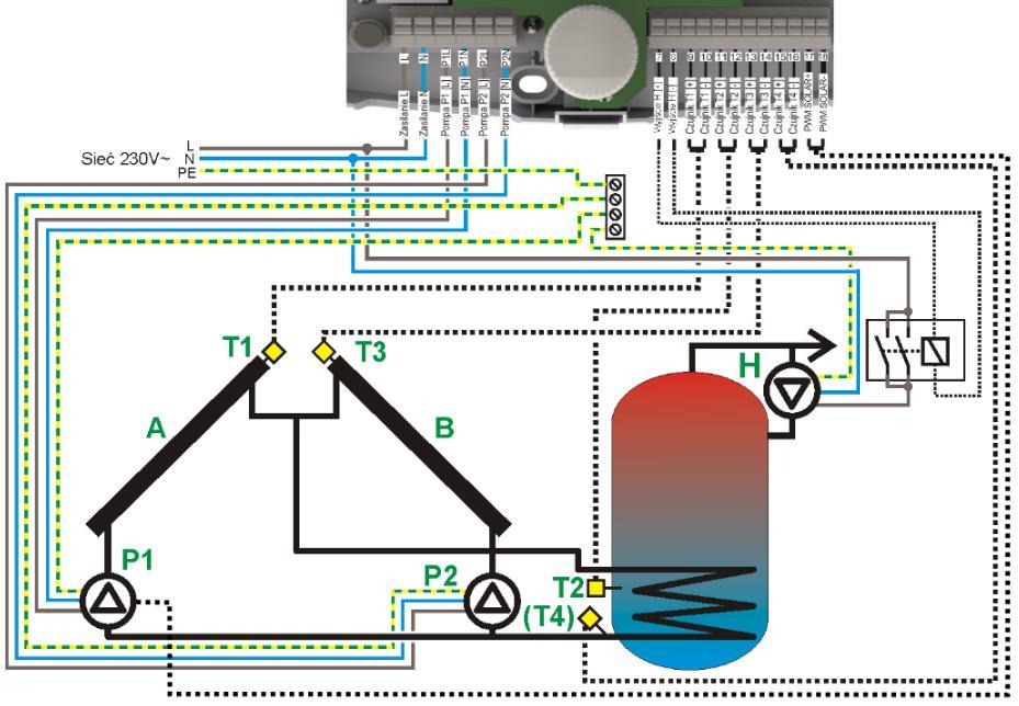 17.8. Aplikacja schemat solarny H Ładowanie zasobnika CWU dwoma zestawami kolektorów ustawionych w dwie strony świata. Rys. 17-8 Schemat aplikacyjny H Wskazówki dotyczące instalacji 1.