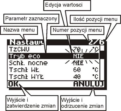 Edycji wartości parametrów dokonuje się w podmenu przewijanym. Przykład dla podmenu Nastawy przedstawiono poniżej.