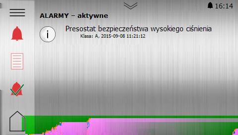 Rys. 2: Przykład alarmu Przykłady alarmów: Komunikat Znaczenie/klasa Działanie naprawcze Wysokie ciśnienie Niskie ciśnienie Inne komunikaty Potwierdzanie alarmów Obieg grzewczy znajduje się częściowo