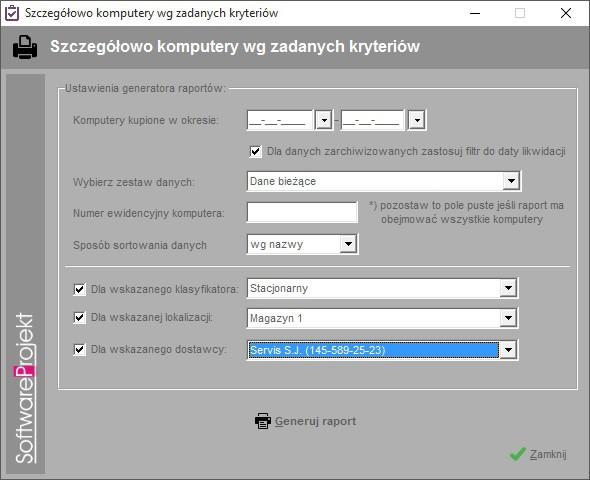 3. Szczegółowo komputery wg kryteriów Raport ten jest analogiczny jak jego odpowiednik z programu głównego lecz rozszerzony o możliwość zawężenia listy elementów na wydruku poprzez wybór klasyfikacji