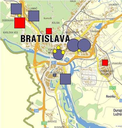 Obr. B.4.11: Zariadenia starostlivosti o seniorov na území mesta Zdroj: Štatistická ročenka 2008, Údaje Odboru sociálnej starostlivosti, vlastné prepočty, autor mapy: B. Bleha, podklad: mapy.atlas.